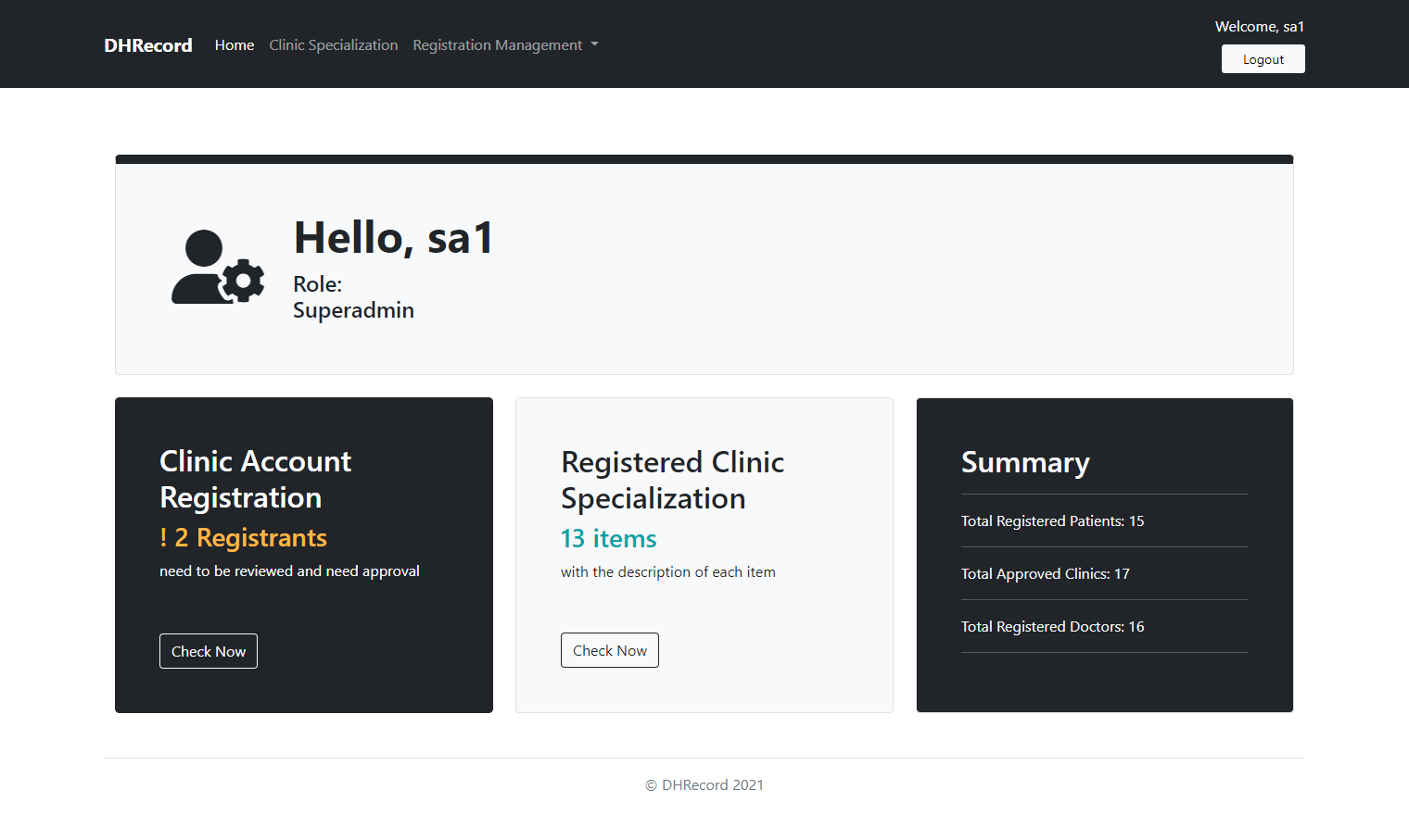 DHRecord Superadmin dashboard