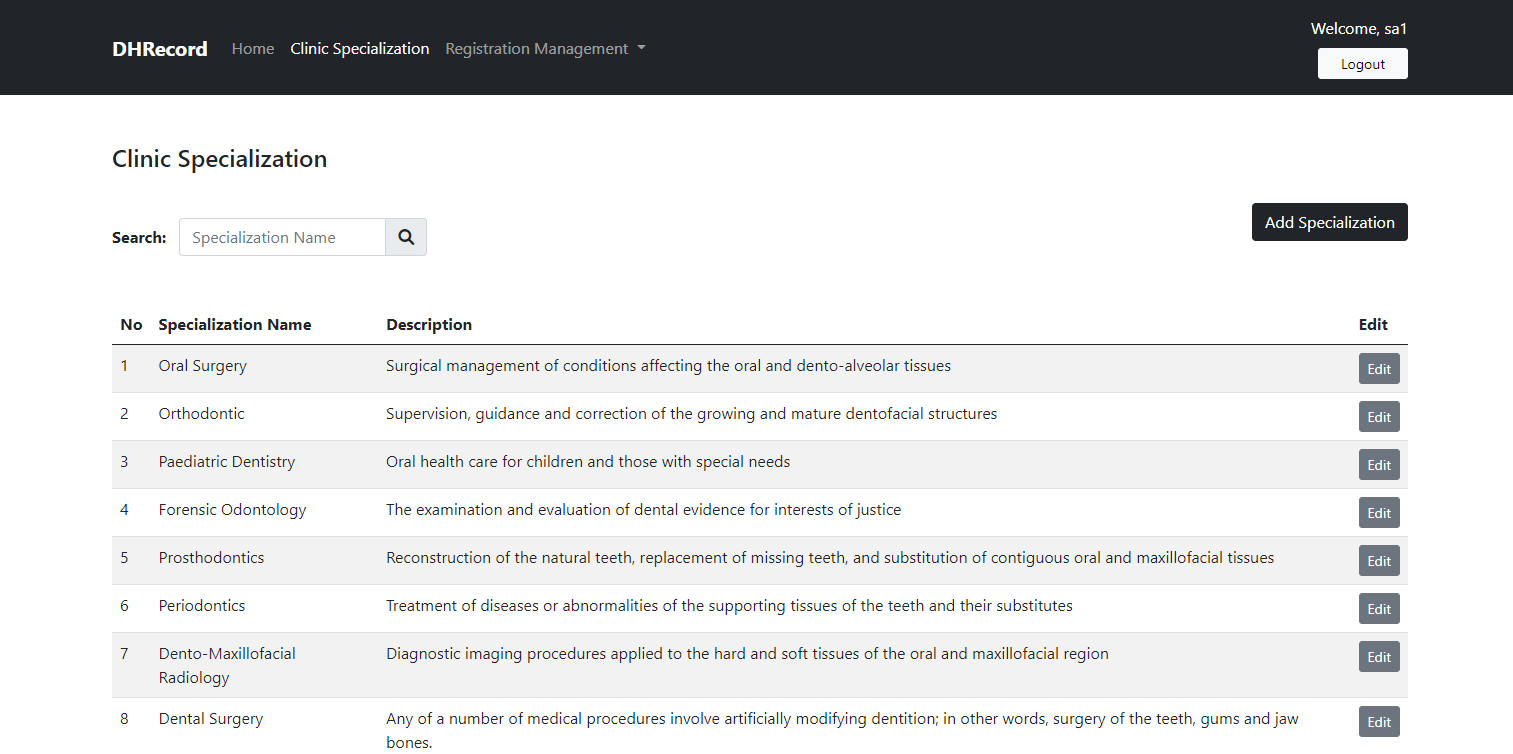 DHRecord clinic specialization management