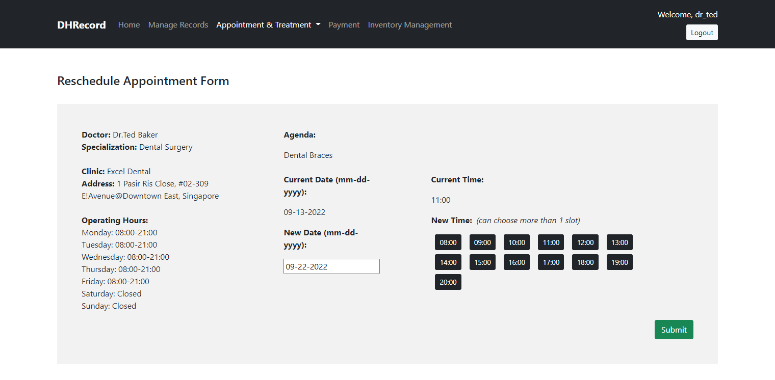 DHRecord reschedule appointment interface