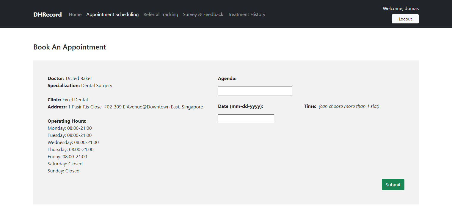 DHRecord patient booking interface