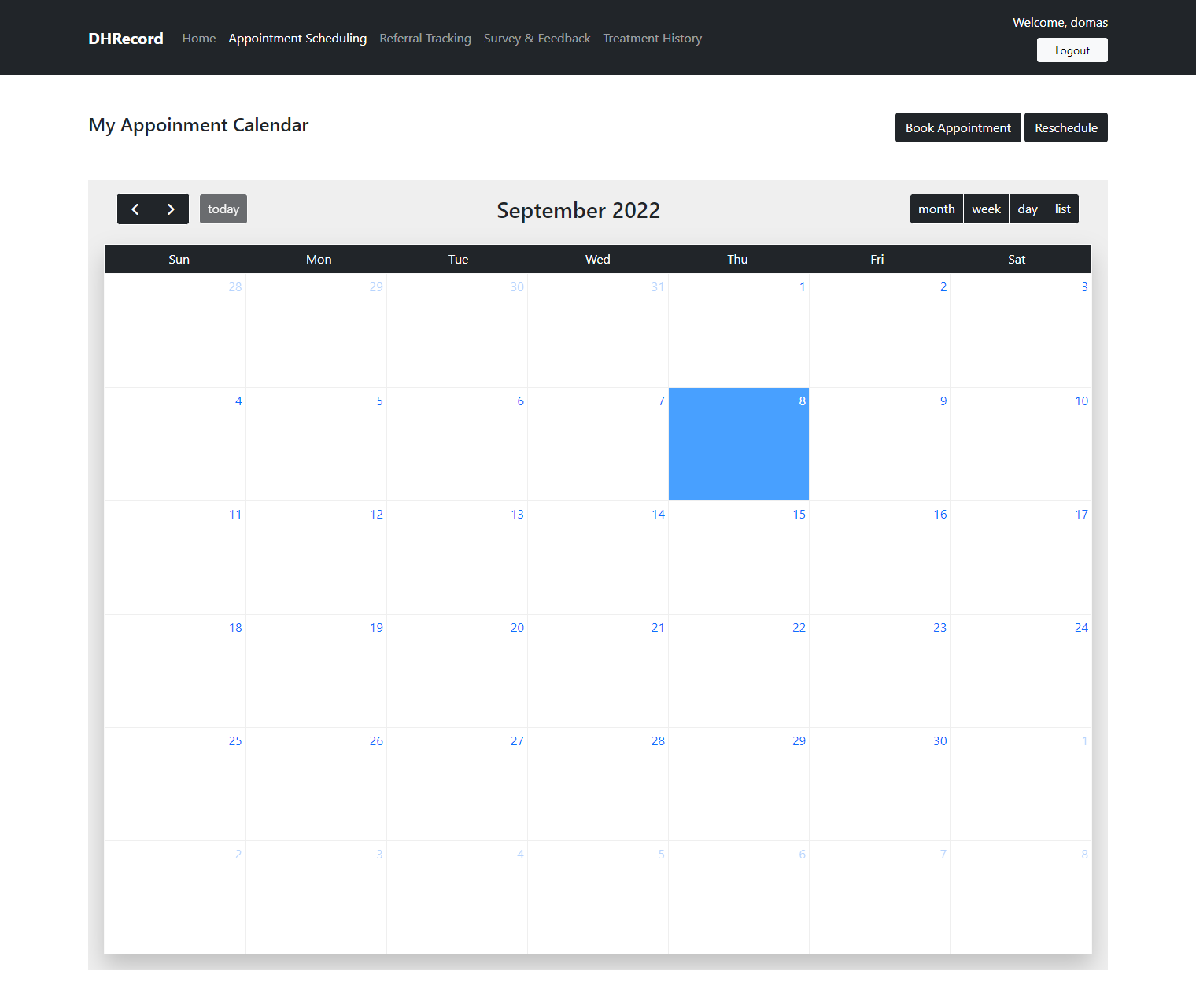 DHRecord patient appointment calendar
