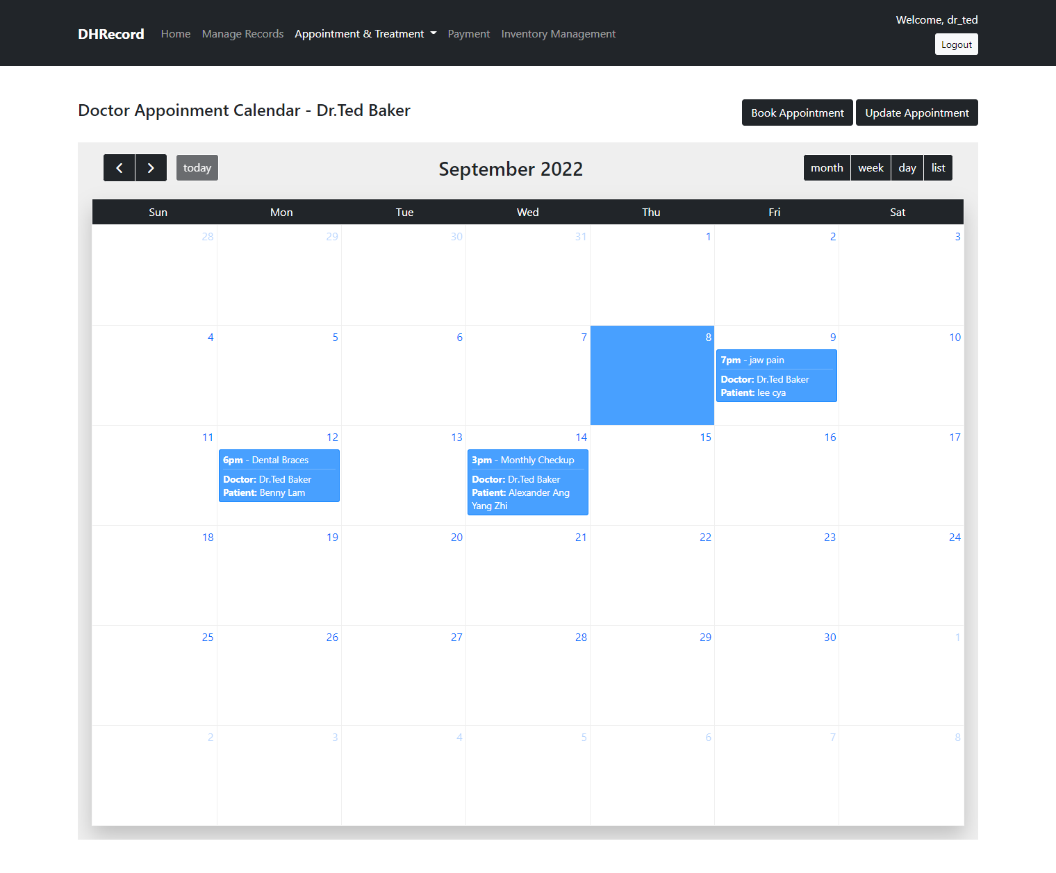 DHRecord doctor appointment monthly view