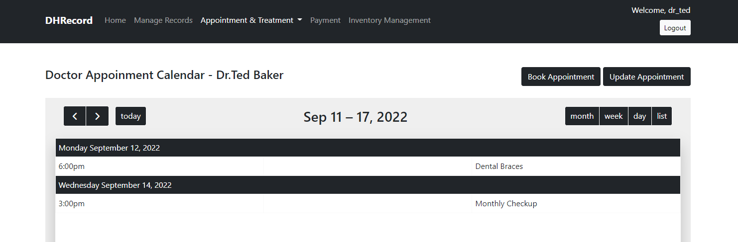 DHRecord doctor appointment list view