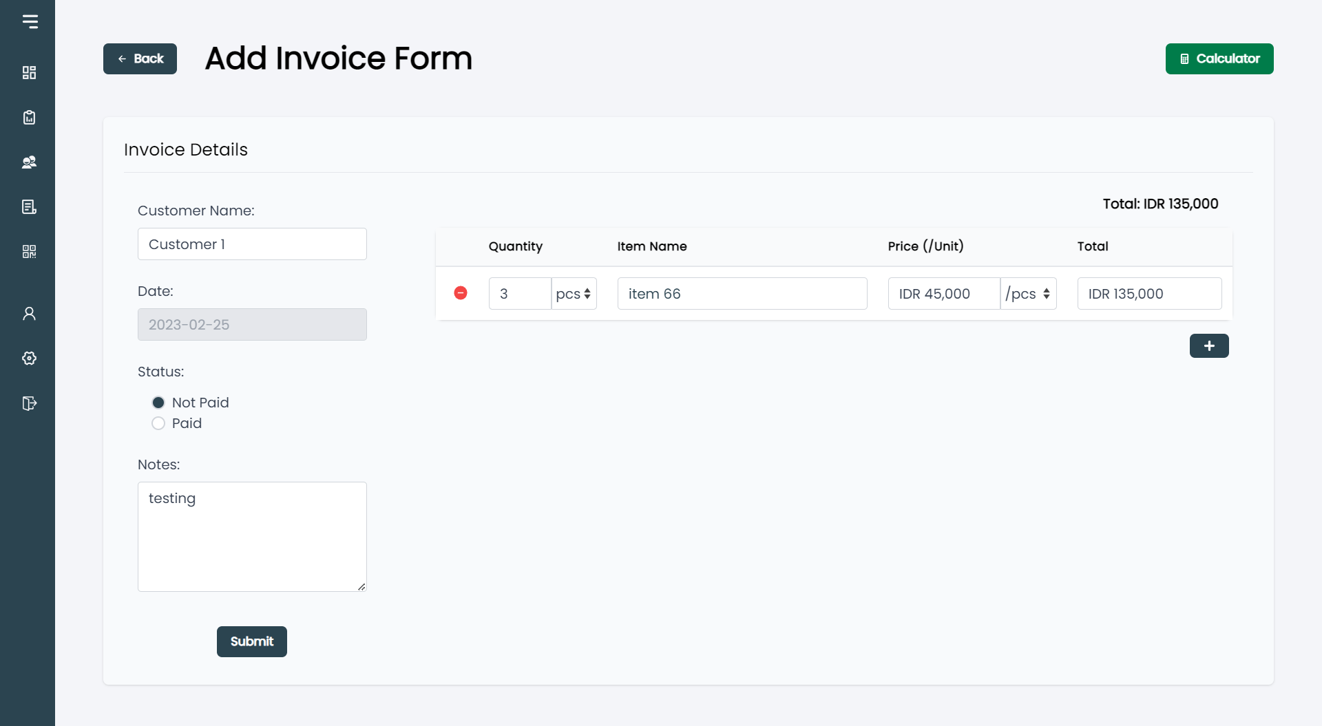 Invoice Management System add invoice page