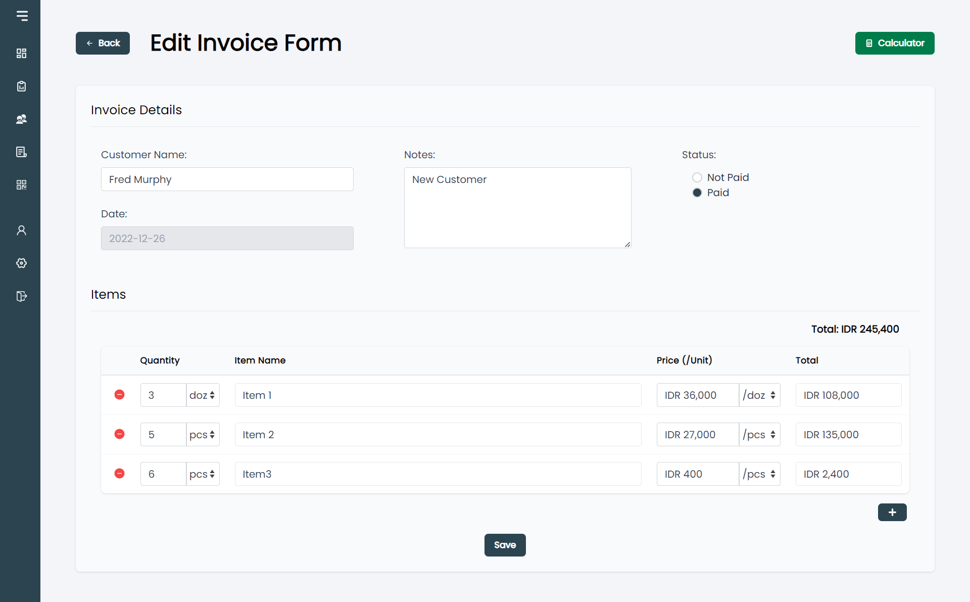Invoice Management System edit invoice page