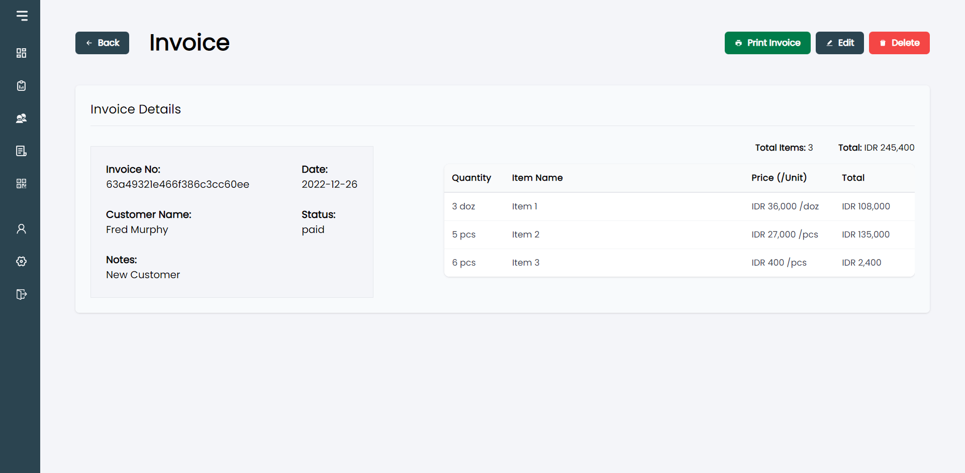 Invoice Management System invoice details