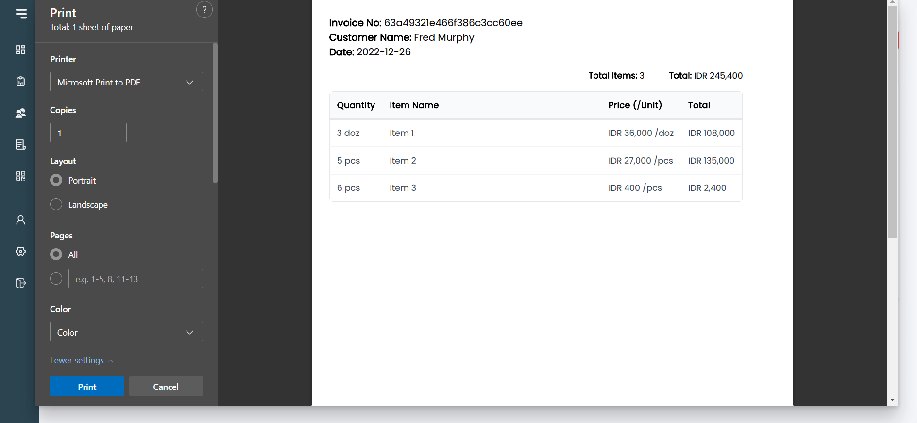 Invoice Management System print preview