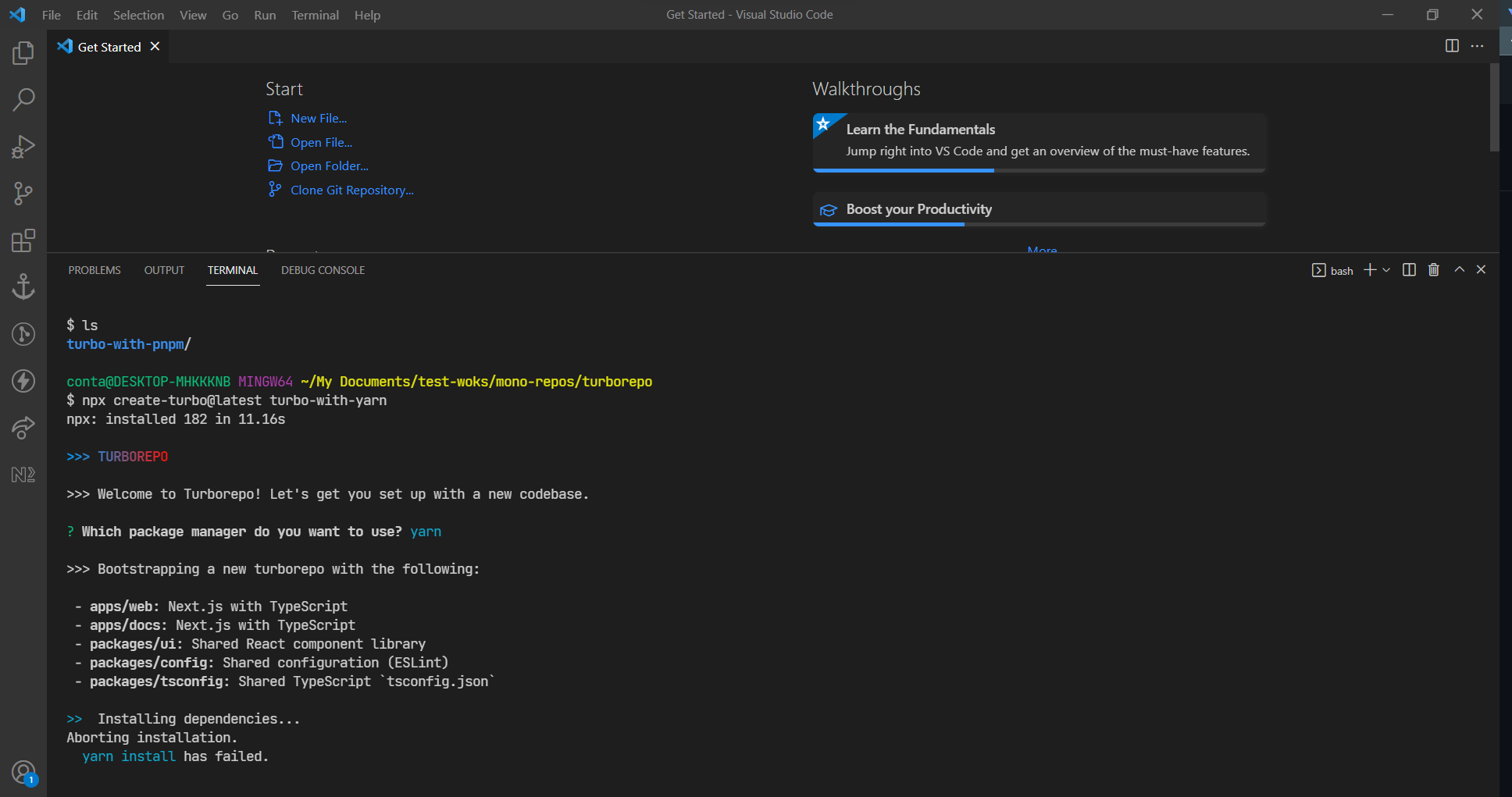 Not able to run the turbo project with any of the package managers · Issue 632 · vercel/turbo