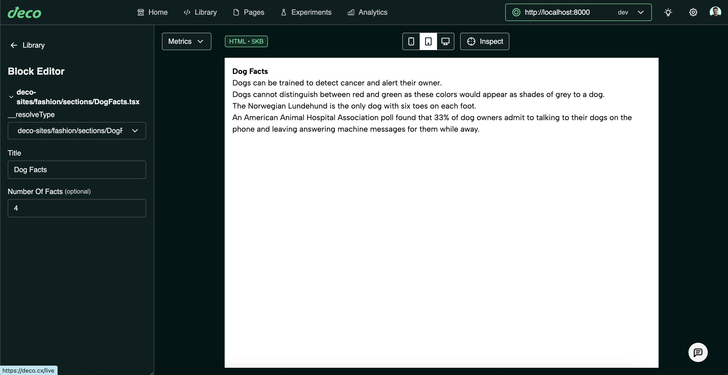 Library showing the DogFacts Section rendering data fetched from the API