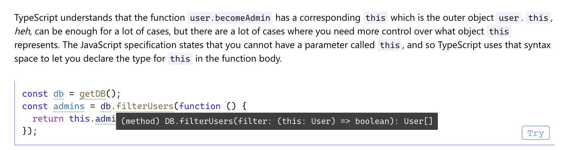 Docs: Handbook: More on Functions doesn't show "this" used as a ...