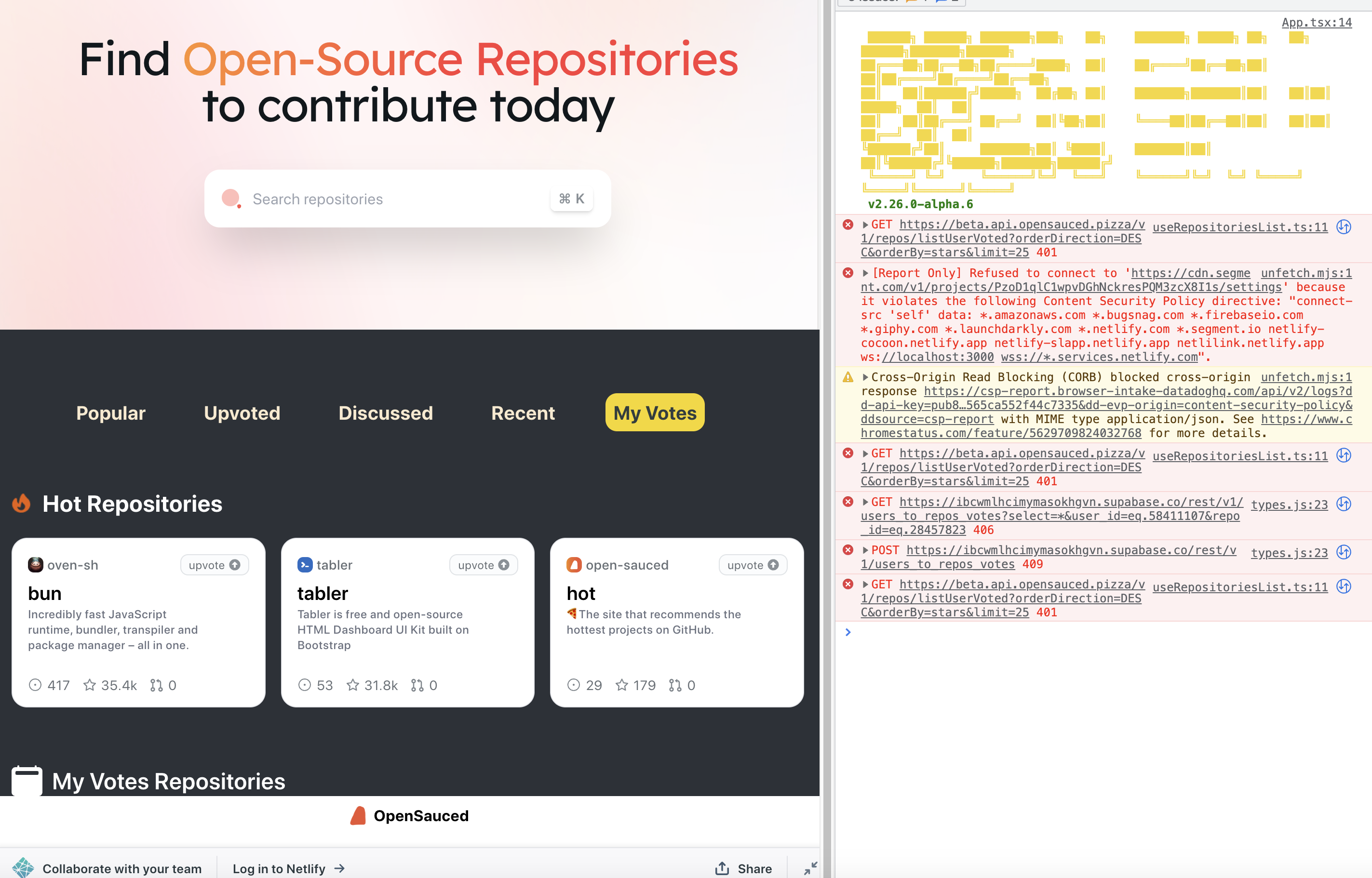 Bug: Production site's repository list section, upvoting is not working ...