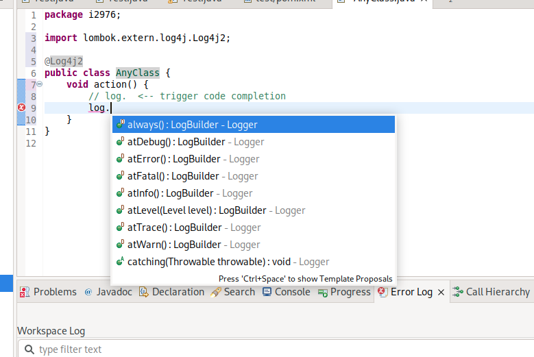 [BUG] with Log4j2, Eclipse fails to fully populate code completion