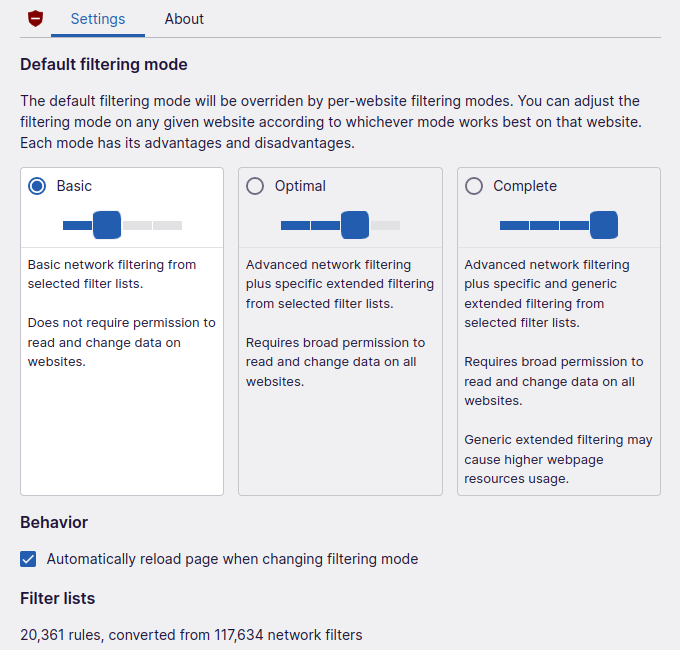 uBOL's options: Default filtering mode