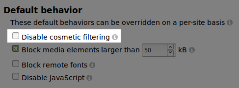 Disable cosmetic filtering everywhere by default