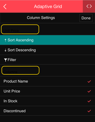 Column menu text is not visible for some themes in the Adaptive grid ...