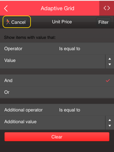 The Cancel button icon is missing in the column menu filter UI for the ...