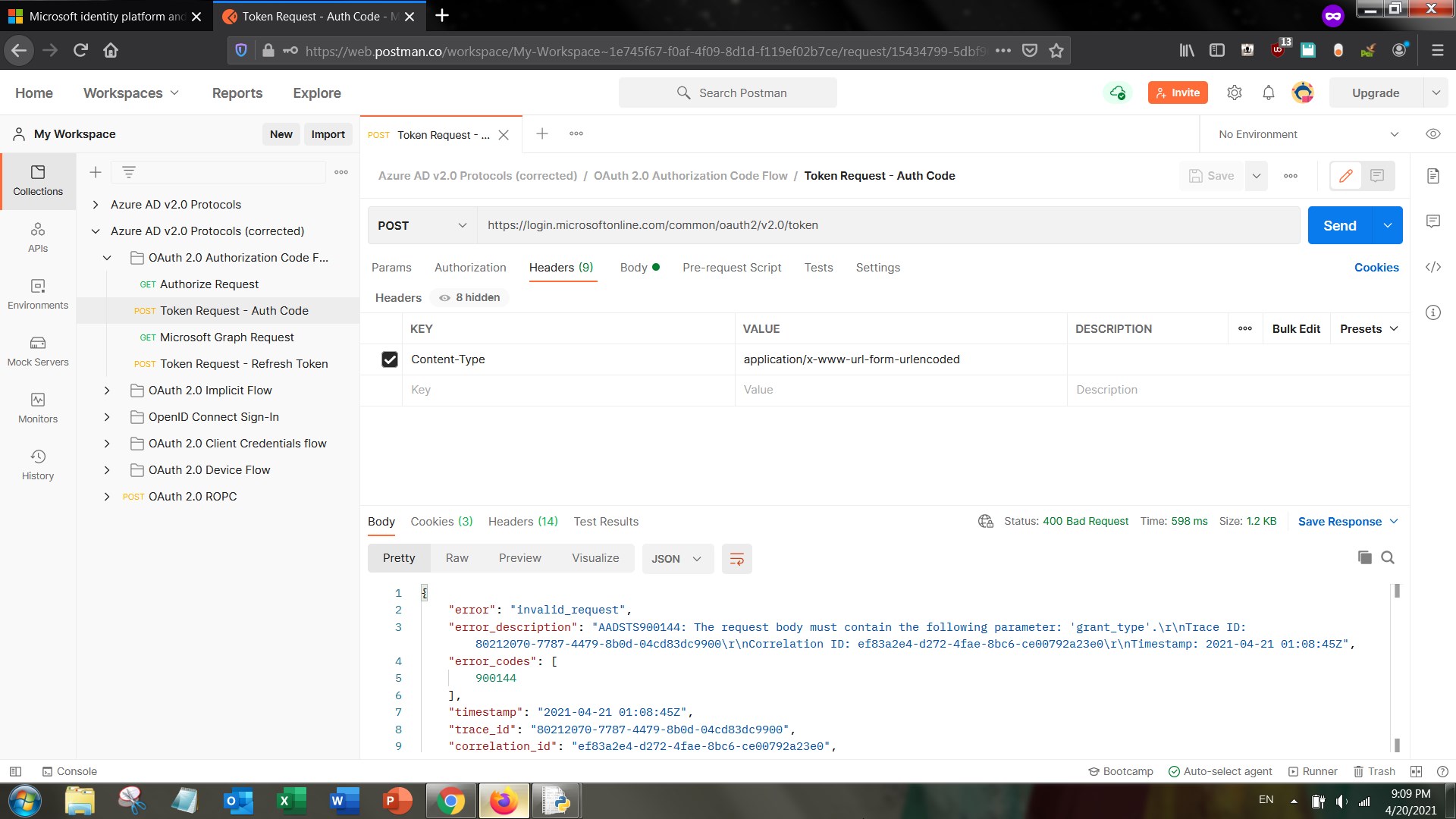Correct ContentType Header for "Token Request Auth Code" in Postman