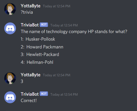 An example of using the ?trivia command and answering a question.