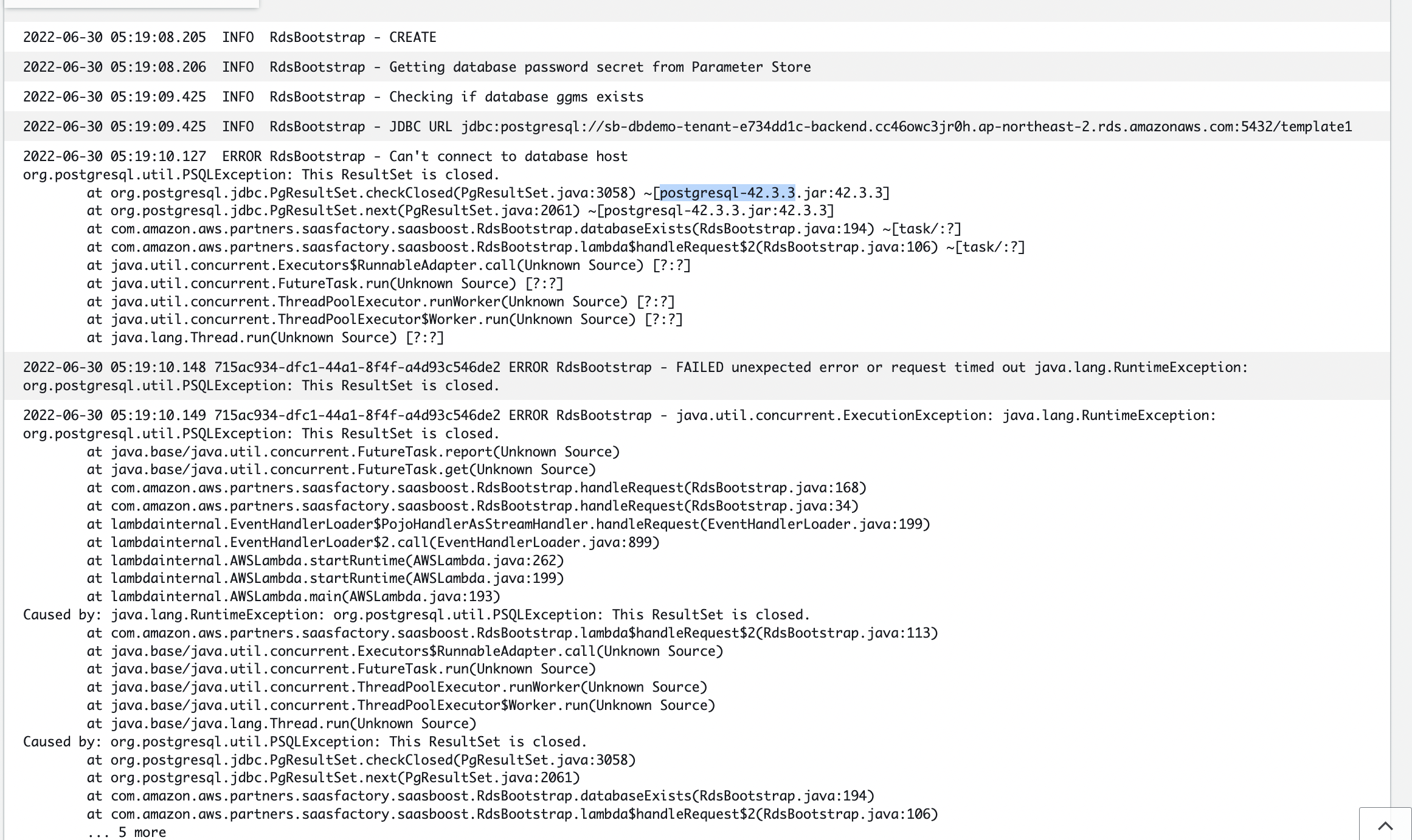 InvokeRDSBootstrapDatabase throws the error while trying to connect to