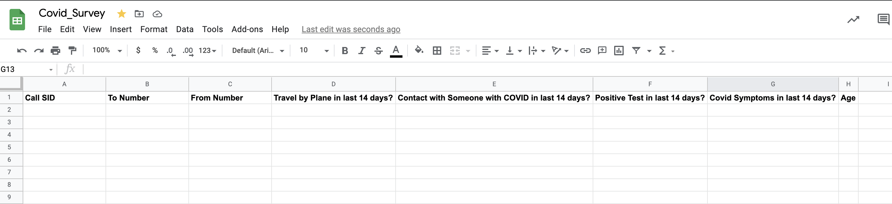 A screenshot of a Google Sheet titled 'Covid_Survey'. Columns are labeled Call SID, To Number, From Number, Travel by Plane in last 14 days?, Contact with Someone with Covid in last 14 days?, Positive Test in last 14 days?, Covid Symptoms in last 14 days?, and Age.