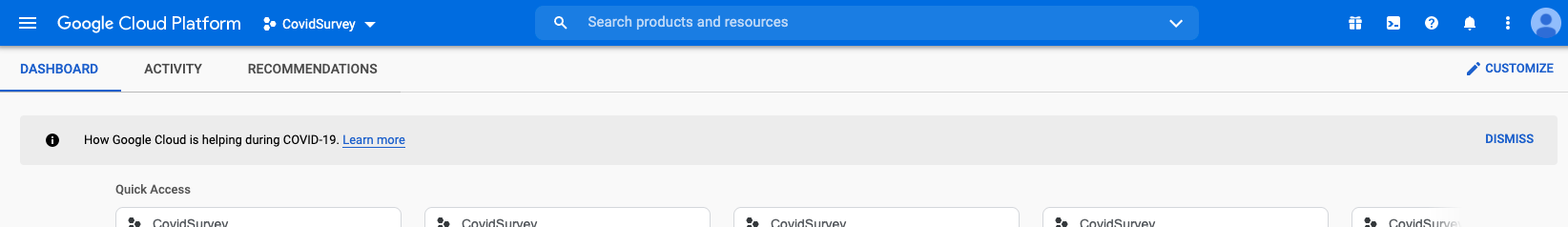 A screenshot of the Google Cloud Platform dashboard showing a dropdown menu on the project titled 'CovidSurvey'.