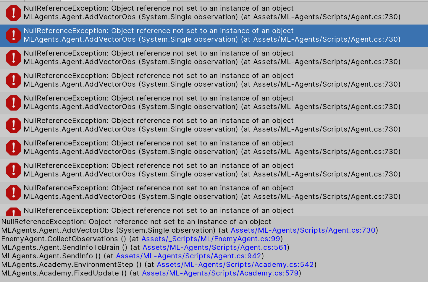 [Help] NullPointerException AddVectorObs · Issue #3197 · Unity ...