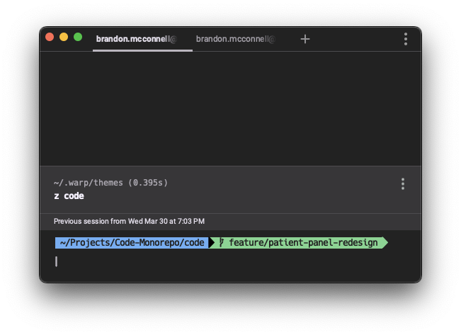 Screen Shot of Warp terminal with mis-colored powerline character