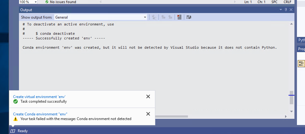 An error message "Your task failed with the message: Conda environment ...