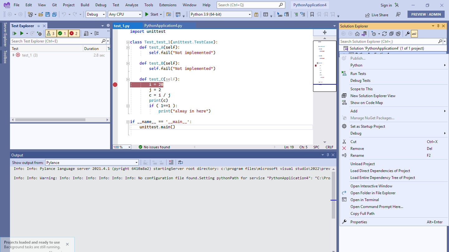 Failed to Run Tests and Debug Test from Solution Explorer window ...