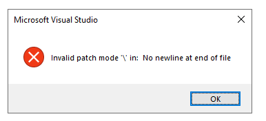 An error message "Invalid path mode '\' in: No newline at end of file ...