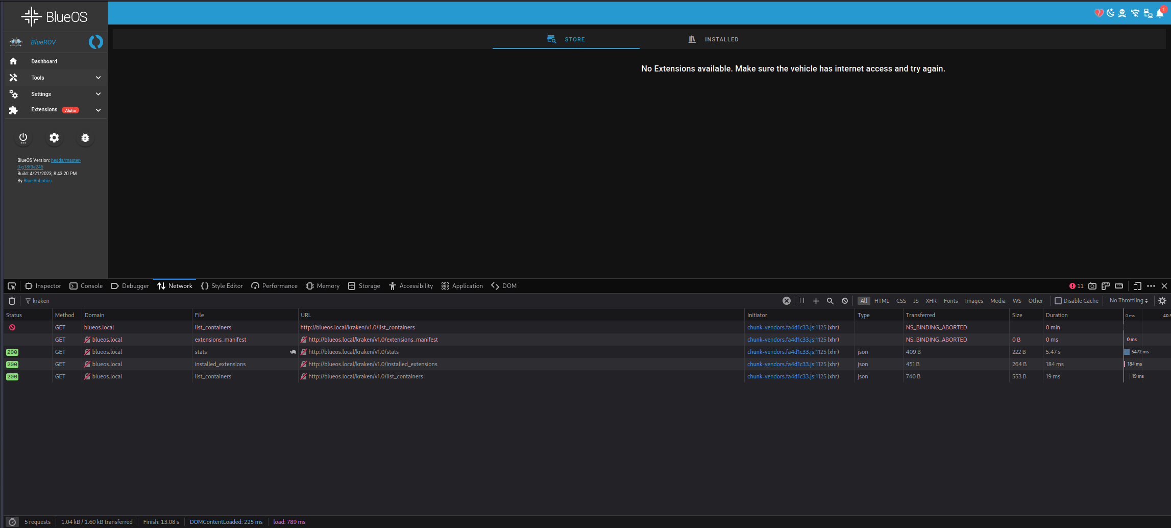 [Kraken] > NS_BINDING_ABORTED > No Extensions available. Make sure