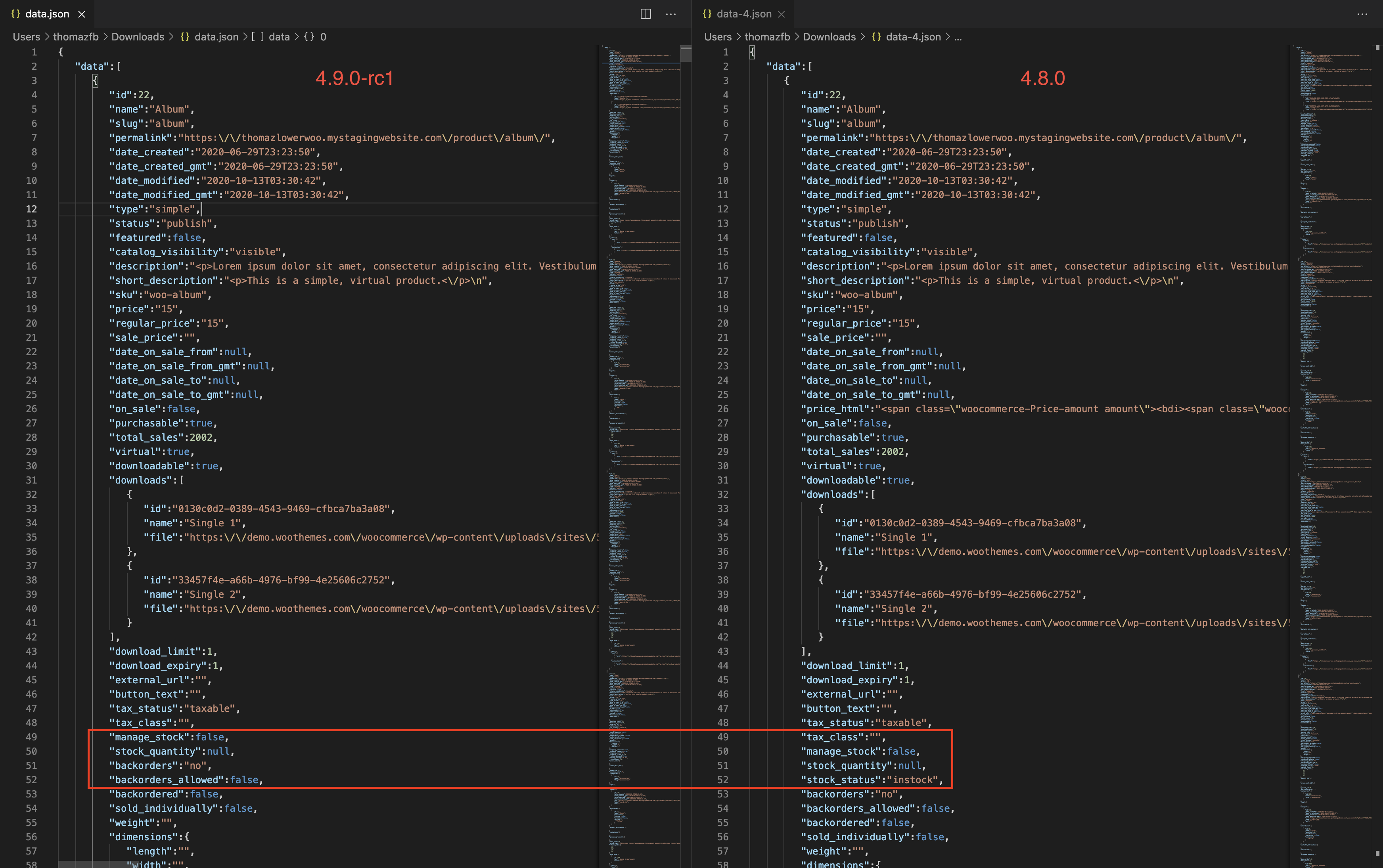 stock_status JSON field gone from Products data at Woo 4.9.0 · Issue