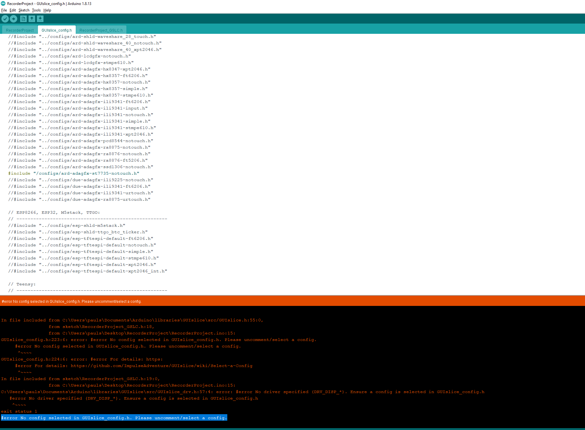  error No config Selected In GUIslice config h Please Uncomment select 