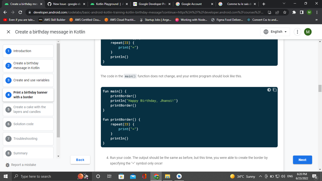 Android Basics issue:The kotlin code is missing the line break.The code ...
