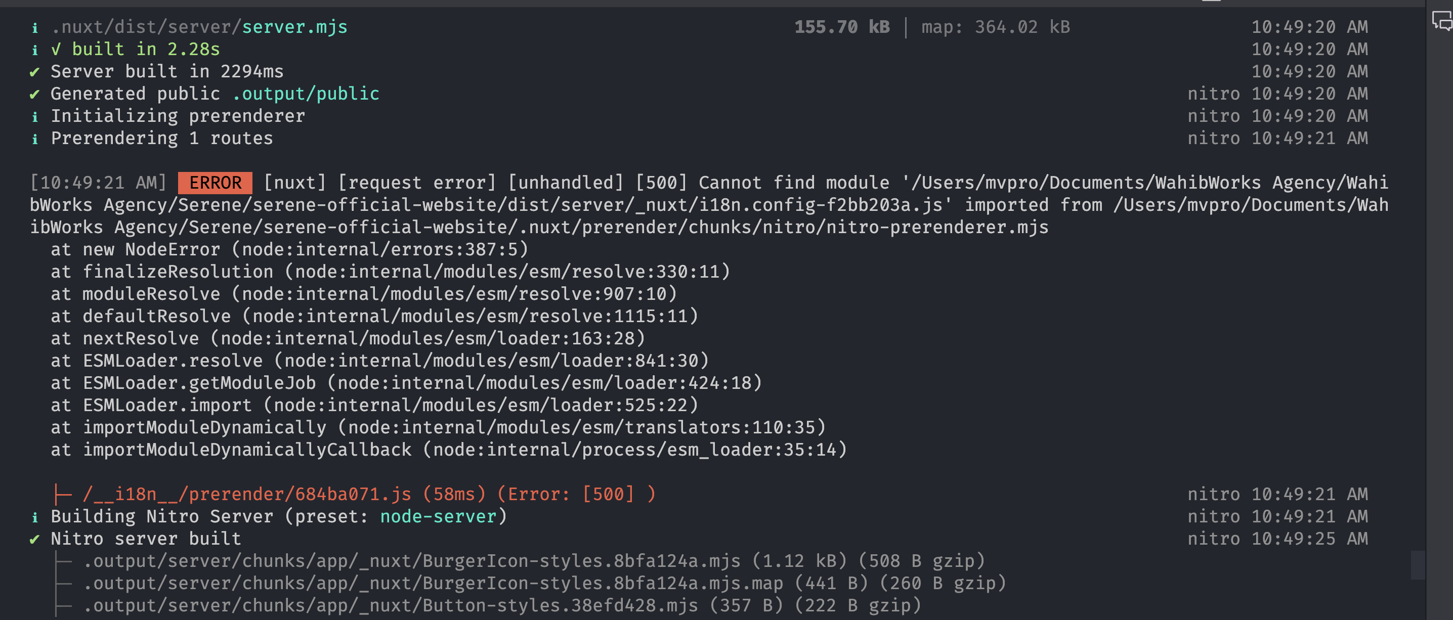 yarn build generate a prerender nitro error while yarn dev works fine