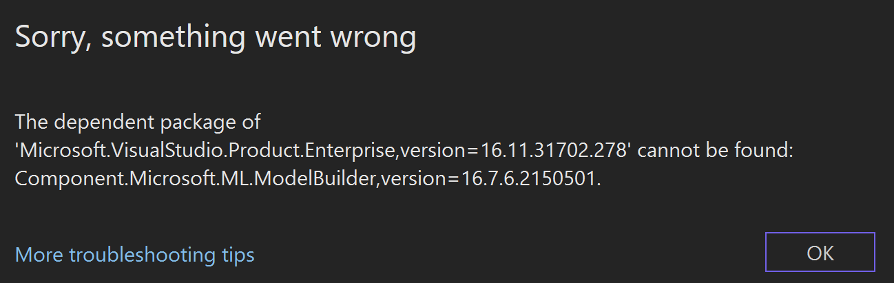 Unable to update, uninstall or repair Visual Studio 2019 (package Model ...