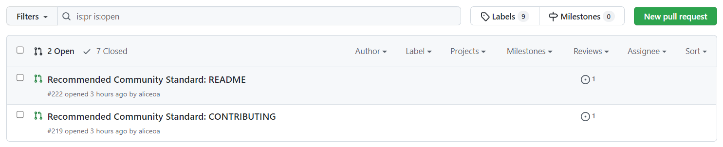 Screenshot showing pull request for adding README.md and CONTRIBUTING.md files