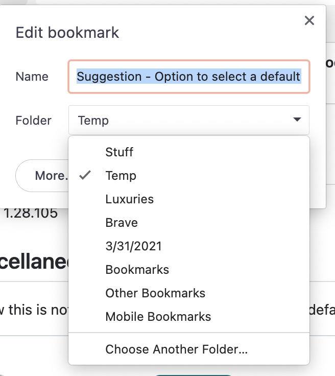 Suggestion Option to select a default bookmark location · Issue