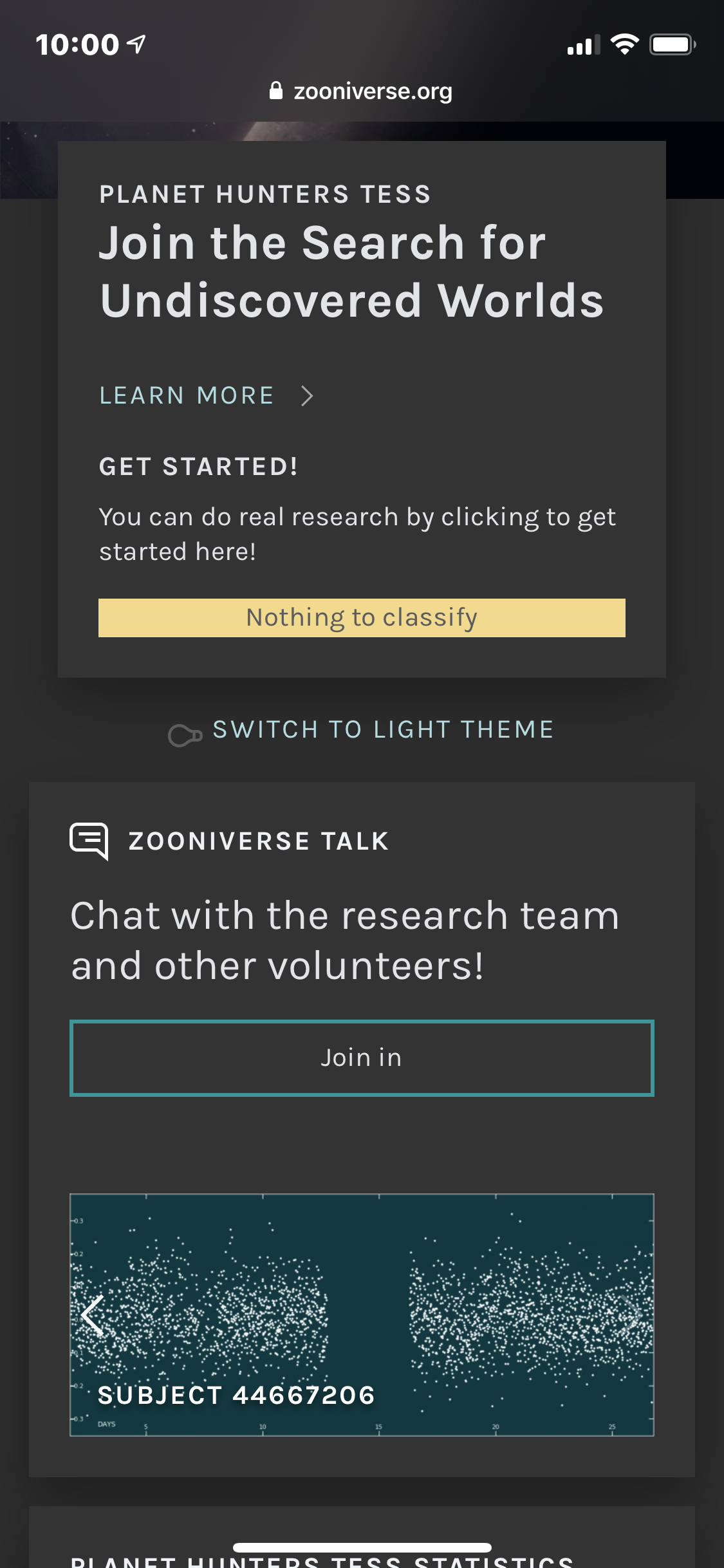Screenshot of the Planet Hunters TESS home page on an iPhone. 
