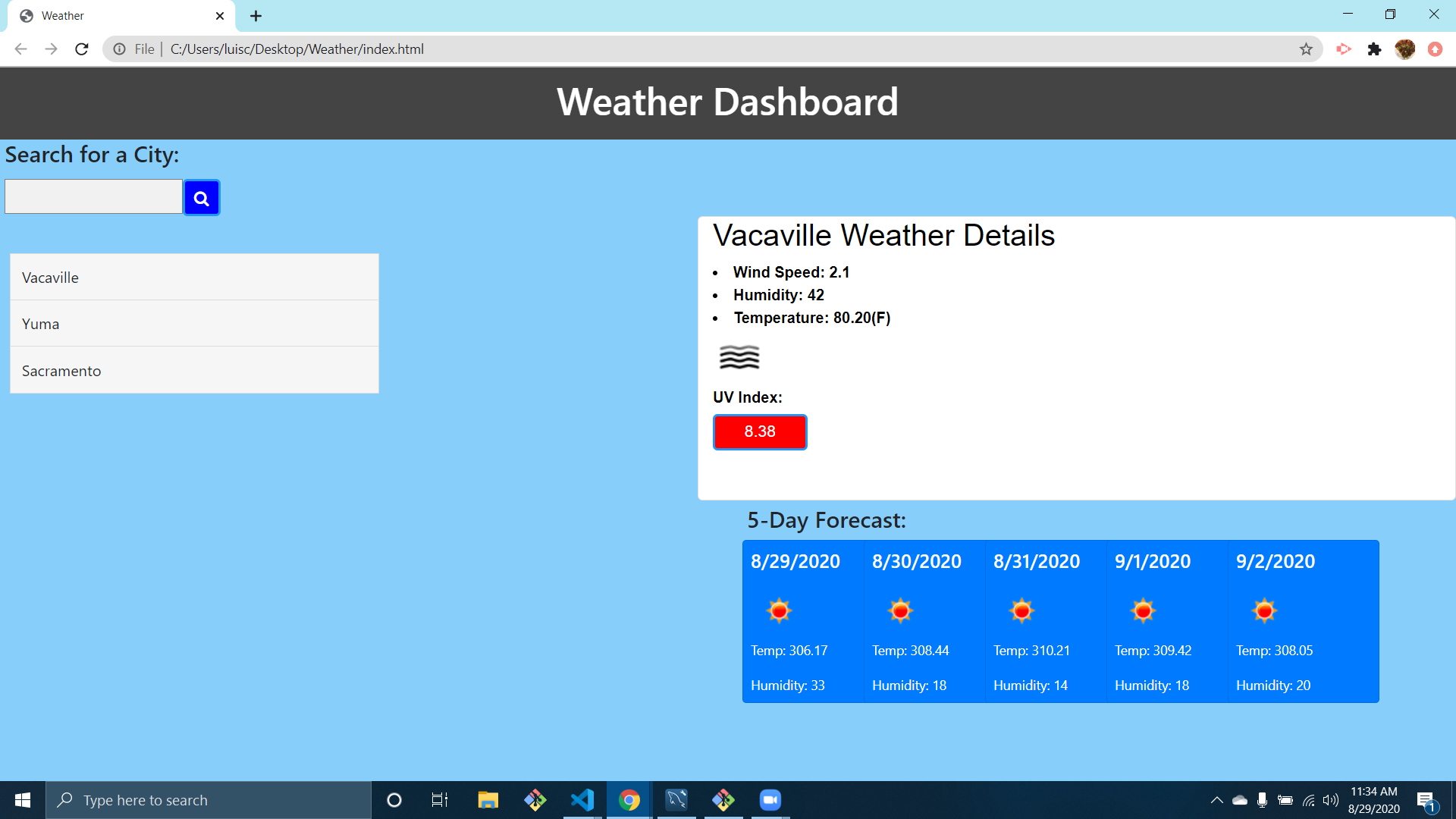 GitHub - huicho510/Weather: Weather Dashboard. Type a city name and get ...