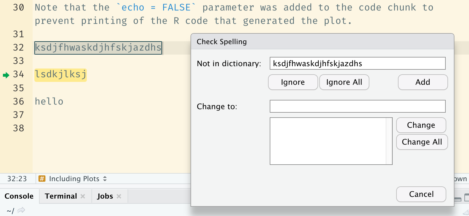 Wrong word highlighted in R Markdown editor during spell checking ...