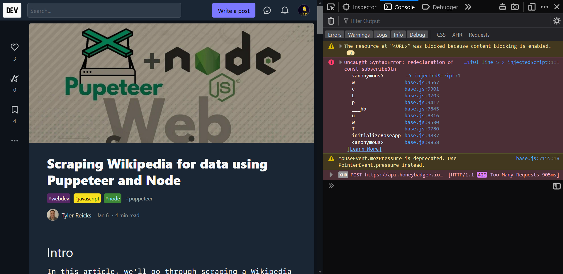 Console errors while clicking on posts from homepage · Issue #12146 ...