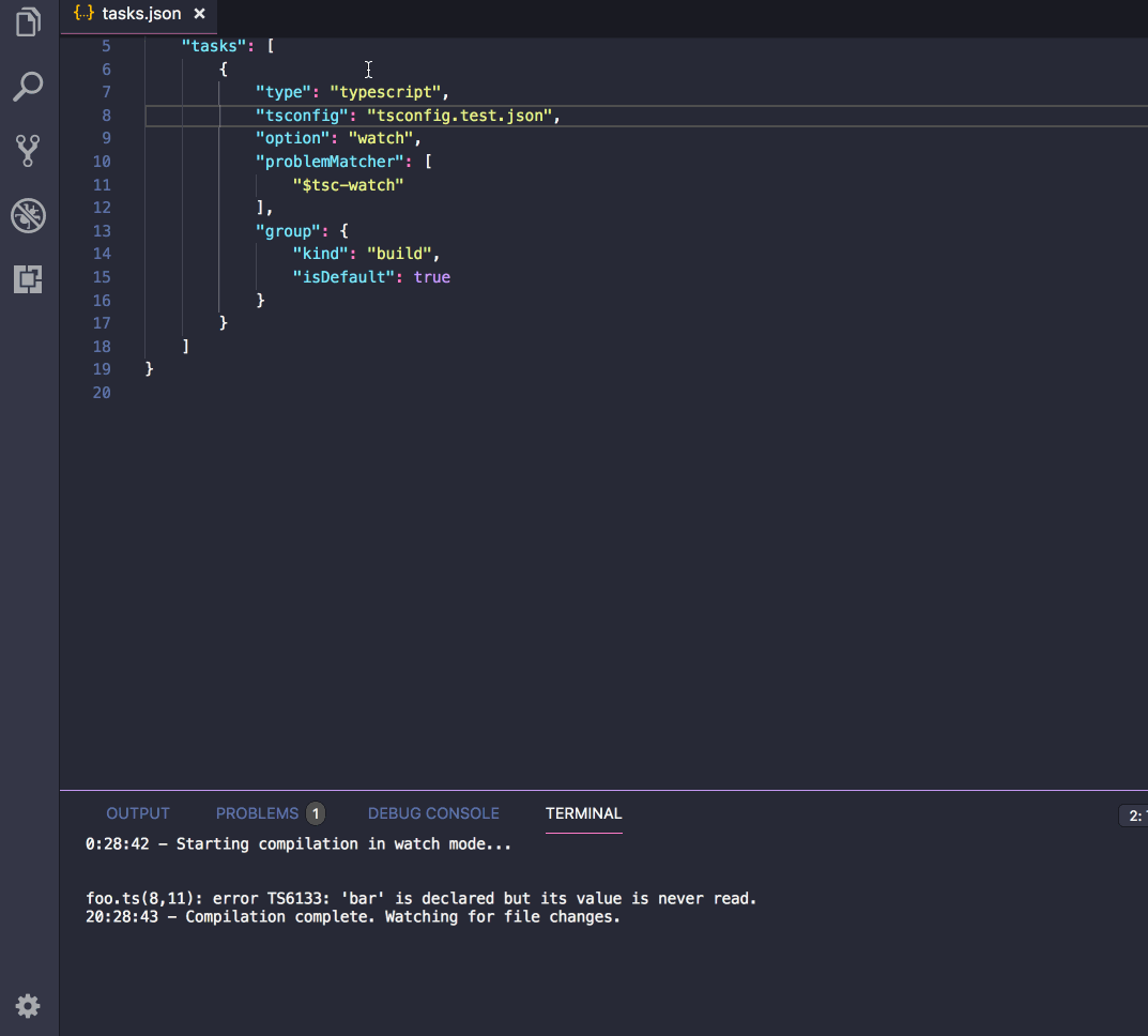 Disappearing unused var error highlighting with custom `tsc-watch` task ...