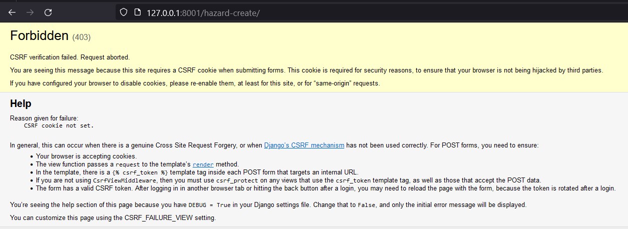 BUG: CSRF verification failed - Add hazard form · Issue #72 ...