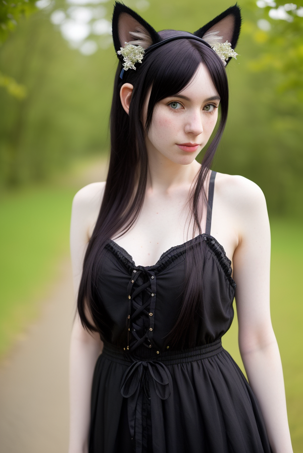 03877-615058593-full body photo of one 29 year old woman, cat ears, pale skin, homeless in a fantasy land, upper body, dark hair, detailed skin,