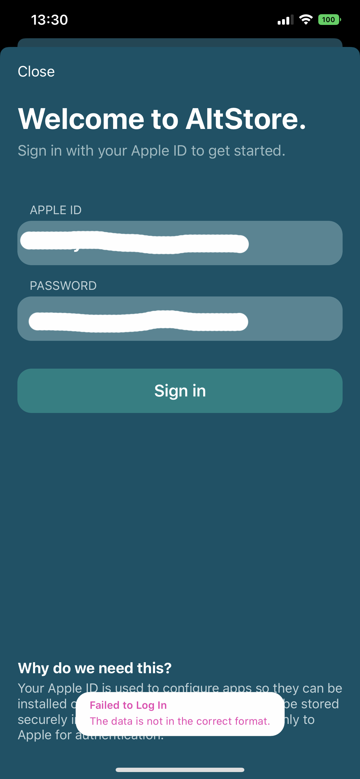 altstore error failed to log in the data is not in the correct format