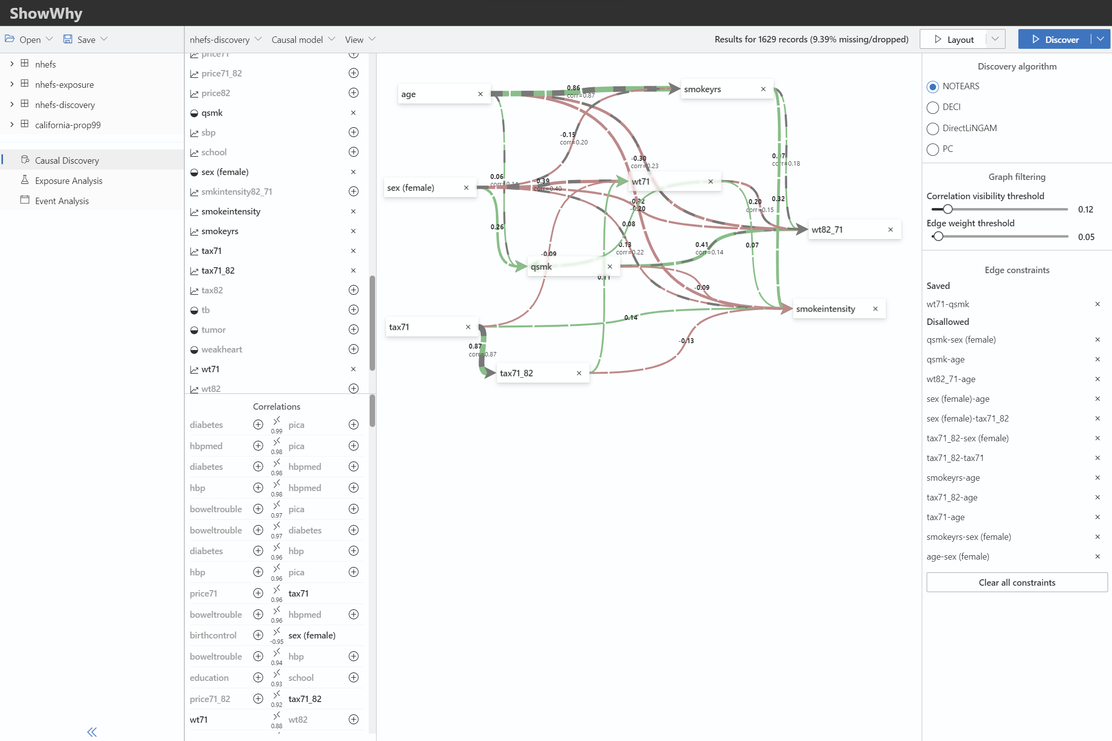 Screenshot of the causal discovery interface