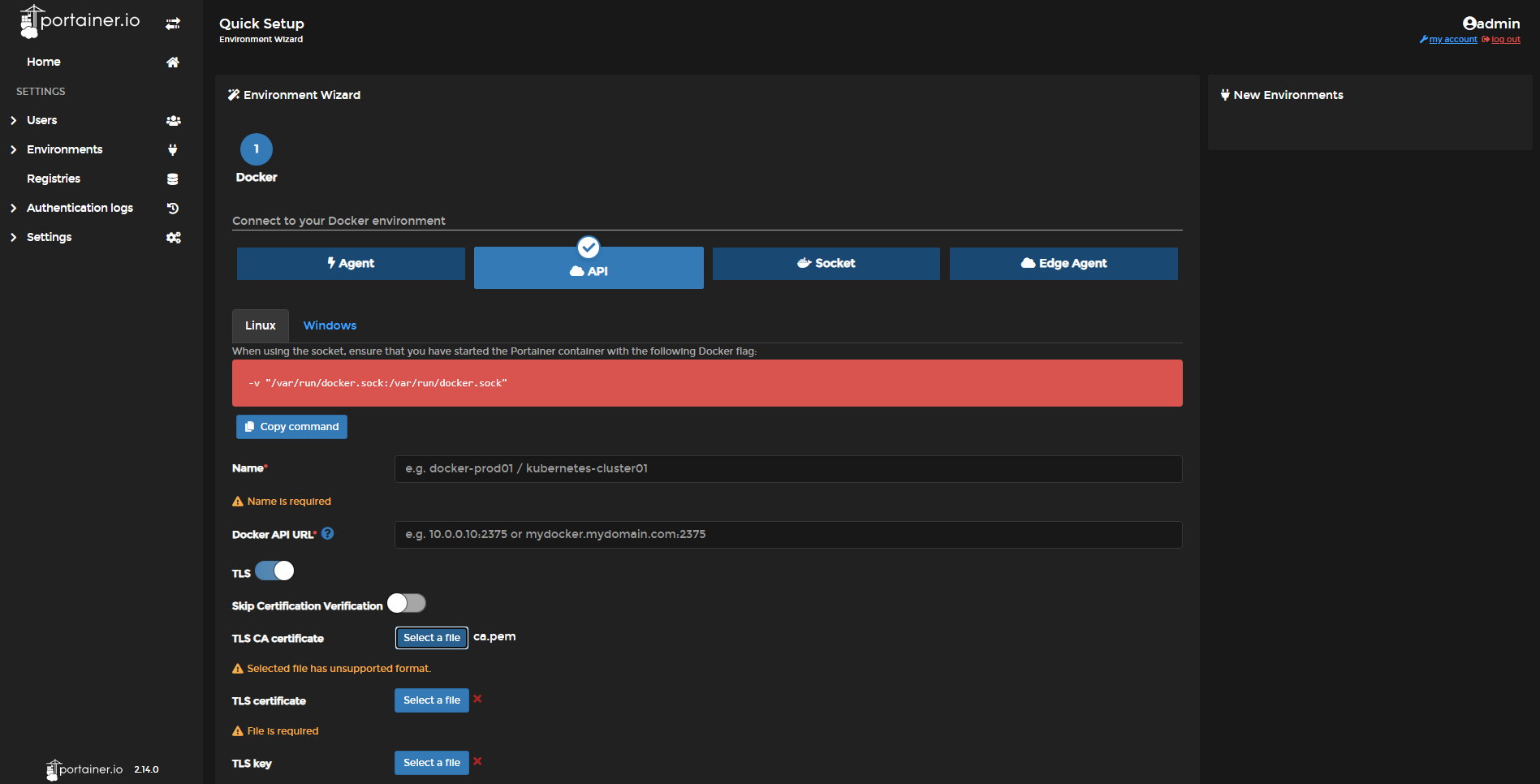 Adding Environment as Docker/API with TLS Selected file has