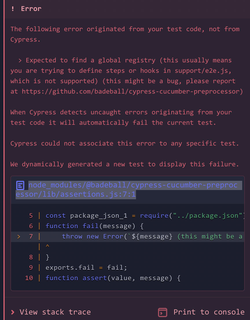 Fail function in node_modules/badeball/cypresscucumberpreprocessor/lib/assertions.js71 says