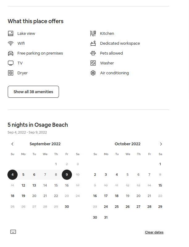 Amenities and Booking Calendar